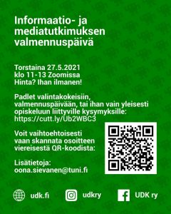 Informaatio- ja mediatutkimuksen valmennusiltapäivän mainos posteri